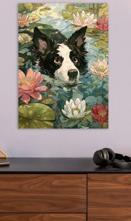 Dog Swimming Among Lily Pads — metal poster wall art by Lineer